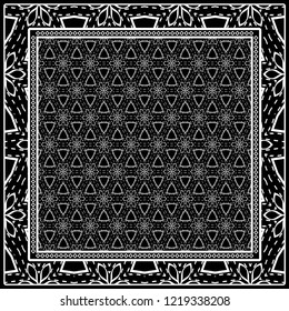 Design print. The pattern of geometric ornament. Vector illustration. The idea for design prints for neck scarves, carpets, bandanas.