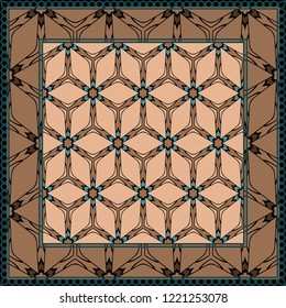 Design print. The pattern of geometric ornament. Vector illustration. The idea for design prints for neck scarves, carpets, bandanas.