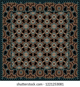 Design print. The pattern of geometric ornament. Vector illustration. The idea for design prints for neck scarves, carpets, bandanas.