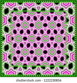 Design print. The pattern of geometric ornament. Vector illustration. The idea for design prints for neck scarves, carpets, bandanas.