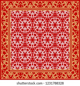 Design print. The pattern of geometric ornament. Vector illustration. The idea for design prints for neck scarves, carpets, bandanas.