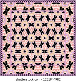 Design print. The pattern of geometric ornament. Vector illustration. The idea for design prints for neck scarves, carpets, bandanas.