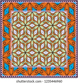 Design print. The pattern of geometric ornament. Vector illustration. The idea for design prints for neck scarves, carpets, bandanas.