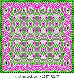 Design print. The pattern of geometric ornament. Vector illustration. The idea for design prints for neck scarves, carpets, bandanas.