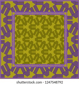 Design print. The pattern of geometric ornament. Vector illustration. The idea for design prints for neck scarves, carpets, bandanas. DARK GREEN and purple COLOR.