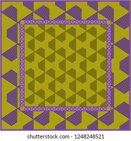 Design print. The pattern of geometric ornament. Vector illustration. The idea for design prints for neck scarves, carpets, bandanas. DARK GREEN and purple COLOR.