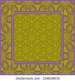 Design print. The pattern of geometric ornament. Vector illustration. The idea for design prints for neck scarves, carpets, bandanas. DARK GREEN and purple COLOR.