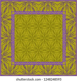 Design print. The pattern of geometric ornament. Vector illustration. The idea for design prints for neck scarves, carpets, bandanas. DARK GREEN and purple COLOR.
