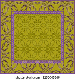 Design print. The pattern of geometric ornament. Vector illustration. The idea for design prints for neck scarves, carpets, bandanas. DARK GREEN and purple COLOR.