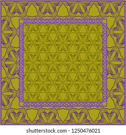 Design print. The pattern of geometric ornament. Vector illustration. The idea for design prints for neck scarves, carpets, bandanas. DARK GREEN and purple COLOR.