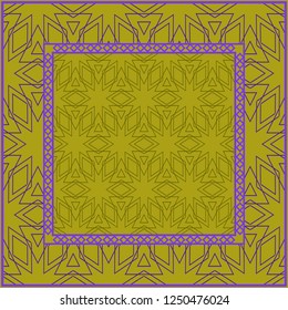 Design print. The pattern of geometric ornament. Vector illustration. The idea for design prints for neck scarves, carpets, bandanas. DARK GREEN and purple COLOR.