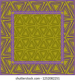 Design print. The pattern of geometric ornament. Vector illustration. The idea for design prints for neck scarves, carpets, bandanas. DARK GREEN and purple COLOR.