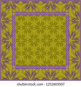 Design print. The pattern of geometric ornament. Vector illustration. The idea for design prints for neck scarves, carpets, bandanas. DARK GREEN and purple COLOR.