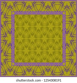 Design print. The pattern of geometric ornament. Vector illustration. The idea for design prints for neck scarves, carpets, bandanas. DARK GREEN and purple COLOR.