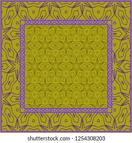 Design print. The pattern of geometric ornament. Vector illustration. The idea for design prints for neck scarves, carpets, bandanas. DARK GREEN and purple COLOR.