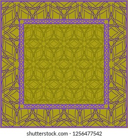 Design print. The pattern of geometric ornament. Vector illustration. The idea for design prints for neck scarves, carpets, bandanas. DARK GREEN and purple COLOR.