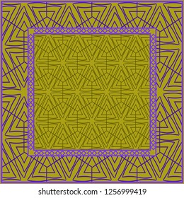 Design print. The pattern of geometric ornament. Vector illustration. The idea for design prints for neck scarves, carpets, bandanas. DARK GREEN and purple COLOR.
