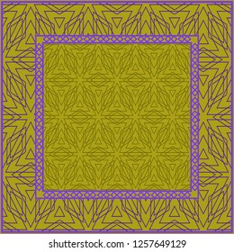Design print. The pattern of geometric ornament. Vector illustration. The idea for design prints for neck scarves, carpets, bandanas. DARK GREEN and purple COLOR.