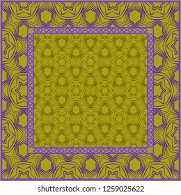 Design print. The pattern of geometric ornament. Vector illustration. The idea for design prints for neck scarves, carpets, bandanas. DARK GREEN and purple COLOR.