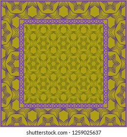 Design print. The pattern of geometric ornament. Vector illustration. The idea for design prints for neck scarves, carpets, bandanas. DARK GREEN and purple COLOR.