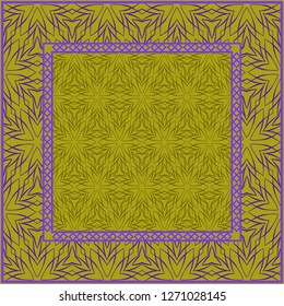 Design print. The pattern of geometric ornament. Vector illustration. The idea for design prints for neck scarves, carpets, bandanas. DARK GREEN and purple COLOR.