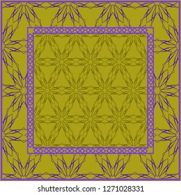 Design print. The pattern of geometric ornament. Vector illustration. The idea for design prints for neck scarves, carpets, bandanas. DARK GREEN and purple COLOR.