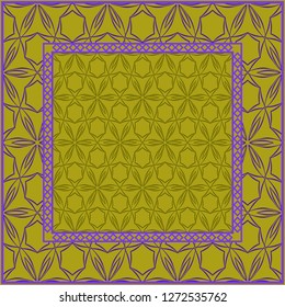 Design print. The pattern of geometric ornament. Vector illustration. The idea for design prints for neck scarves, carpets, bandanas. DARK GREEN and purple COLOR.