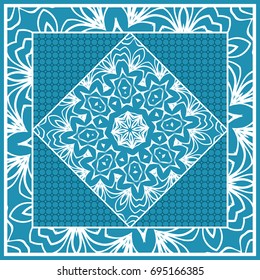 Design print for Pillow. Vector Illustration. Pattern with Geometric Lace Floral Ornament. For fabric, textile, bandana, scarg, carpet print. Blue color