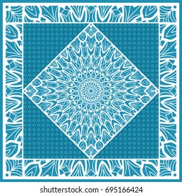 Design print for Pillow. Vector Illustration. Pattern with Geometric Lace Floral Ornament. For fabric, textile, bandana, scarg, carpet print. Blue color