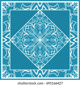 Design print for Pillow. Vector Illustration. Pattern with Geometric Lace Floral Ornament. For fabric, textile, bandana, scarg, carpet print. Blue color