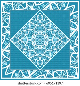 Design print for Pillow. Vector Illustration. Pattern with Geometric Lace Floral Ornament. For fabric, textile, bandana, scarg, carpet print. Blue color