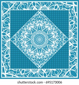 Design print for Pillow. Vector Illustration. Pattern with Geometric Lace Floral Ornament. For fabric, textile, bandana, scarg, carpet print. Blue color