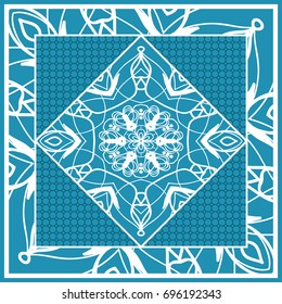 Design print for Pillow. Vector Illustration. Pattern with Geometric Lace Floral Ornament. For fabric, textile, bandana, scarg, carpet print. Blue color