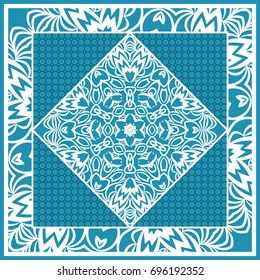 Design print for Pillow. Vector Illustration. Pattern with Geometric Lace Floral Ornament. For fabric, textile, bandana, scarg, carpet print. Blue color