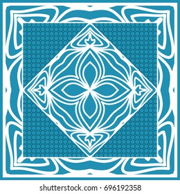 Design print for Pillow. Vector Illustration. Pattern with Geometric Lace Floral Ornament. For fabric, textile, bandana, scarg, carpet print. Blue color