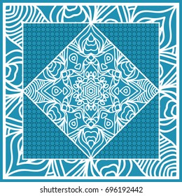 Design print for Pillow. Vector Illustration. Pattern with Geometric Lace Floral Ornament. For fabric, textile, bandana, scarg, carpet print. Blue color