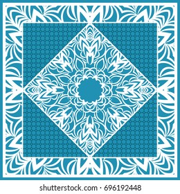 Design print for Pillow. Vector Illustration. Pattern with Geometric Lace Floral Ornament. For fabric, textile, bandana, scarg, carpet print. Blue color