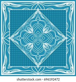 Design print for Pillow. Vector Illustration. Pattern with Geometric Lace Floral Ornament. For fabric, textile, bandana, scarg, carpet print. Blue color