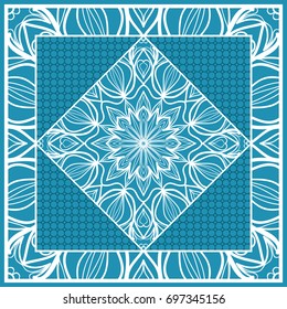Design print for Pillow. Vector Illustration. Pattern with Geometric Lace Floral Ornament. For fabric, textile, bandana, scarg, carpet print. Blue color