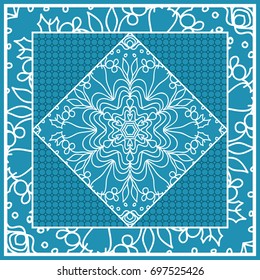 Design print for Pillow. Vector Illustration. Pattern with Geometric Lace Floral Ornament. For fabric, textile, bandana, scarg, carpet print. Blue color