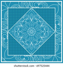 Design print for Pillow. Vector Illustration. Pattern with Geometric Lace Floral Ornament. For fabric, textile, bandana, scarg, carpet print. Blue color