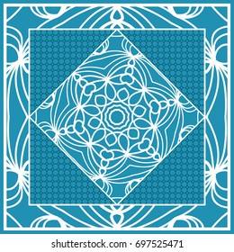 Design print for Pillow. Vector Illustration. Pattern with Geometric Lace Floral Ornament. For fabric, textile, bandana, scarg, carpet print. Blue color