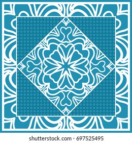 Design print for Pillow. Vector Illustration. Pattern with Geometric Lace Floral Ornament. For fabric, textile, bandana, scarg, carpet print. Blue color
