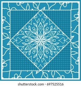 Design print for Pillow. Vector Illustration. Pattern with Geometric Lace Floral Ornament. For fabric, textile, bandana, scarg, carpet print. Blue color