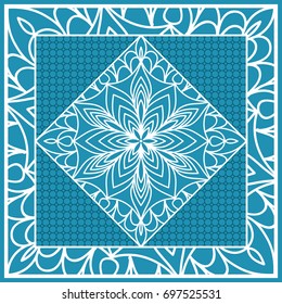 Design print for Pillow. Vector Illustration. Pattern with Geometric Lace Floral Ornament. For fabric, textile, bandana, scarg, carpet print. Blue color