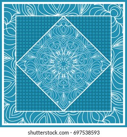 Design print for Pillow. Vector Illustration. Pattern with Geometric Lace Floral Ornament. For fabric, textile, bandana, scarg, carpet print. Blue color