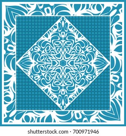 Design print for Pillow. Vector Illustration. Pattern with Geometric Lace Floral Ornament. For fabric, textile, bandana, scarg, carpet print. Blue color