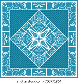 Design print for Pillow. Vector Illustration. Pattern with Geometric Lace Floral Ornament. For fabric, textile, bandana, scarg, carpet print. Blue color