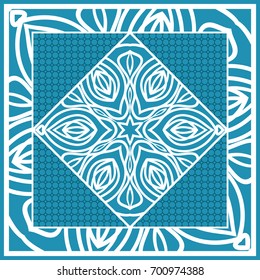 Design print for Pillow. Vector Illustration. Pattern with Geometric Lace Floral Ornament. For fabric, textile, bandana, scarg, carpet print. Blue color