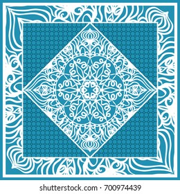 Design print for Pillow. Vector Illustration. Pattern with Geometric Lace Floral Ornament. For fabric, textile, bandana, scarg, carpet print. Blue color